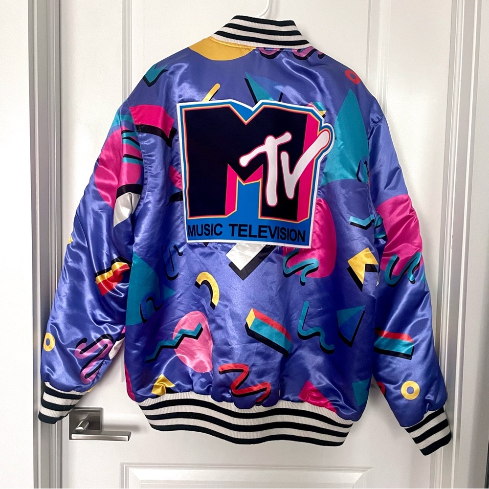 Rare!! Vintage 80s 1981 MTV Satin Bomber Jacket Memphis Design Print Unisex - Picture 4 of 13